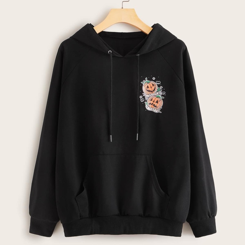 

Halloween Pumpkin Print Kangaroo Pocket Hoodie, Black