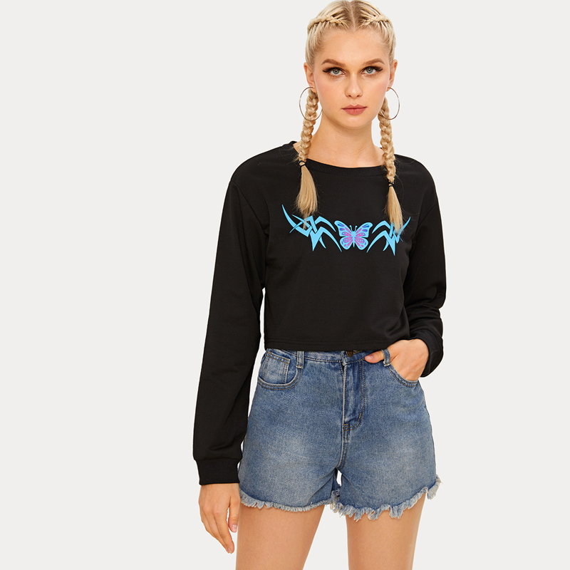 

Butterfly Print Round Neck Crop Sweatshirt, Black