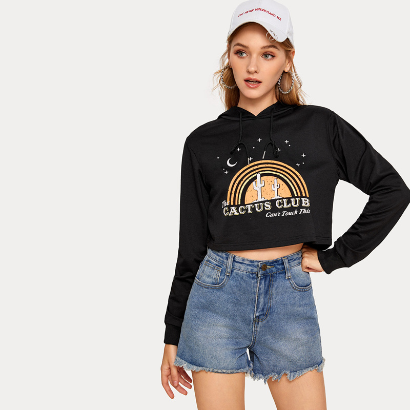 

Letter & Cactus Print Drawstring Crop Hoodie, Black