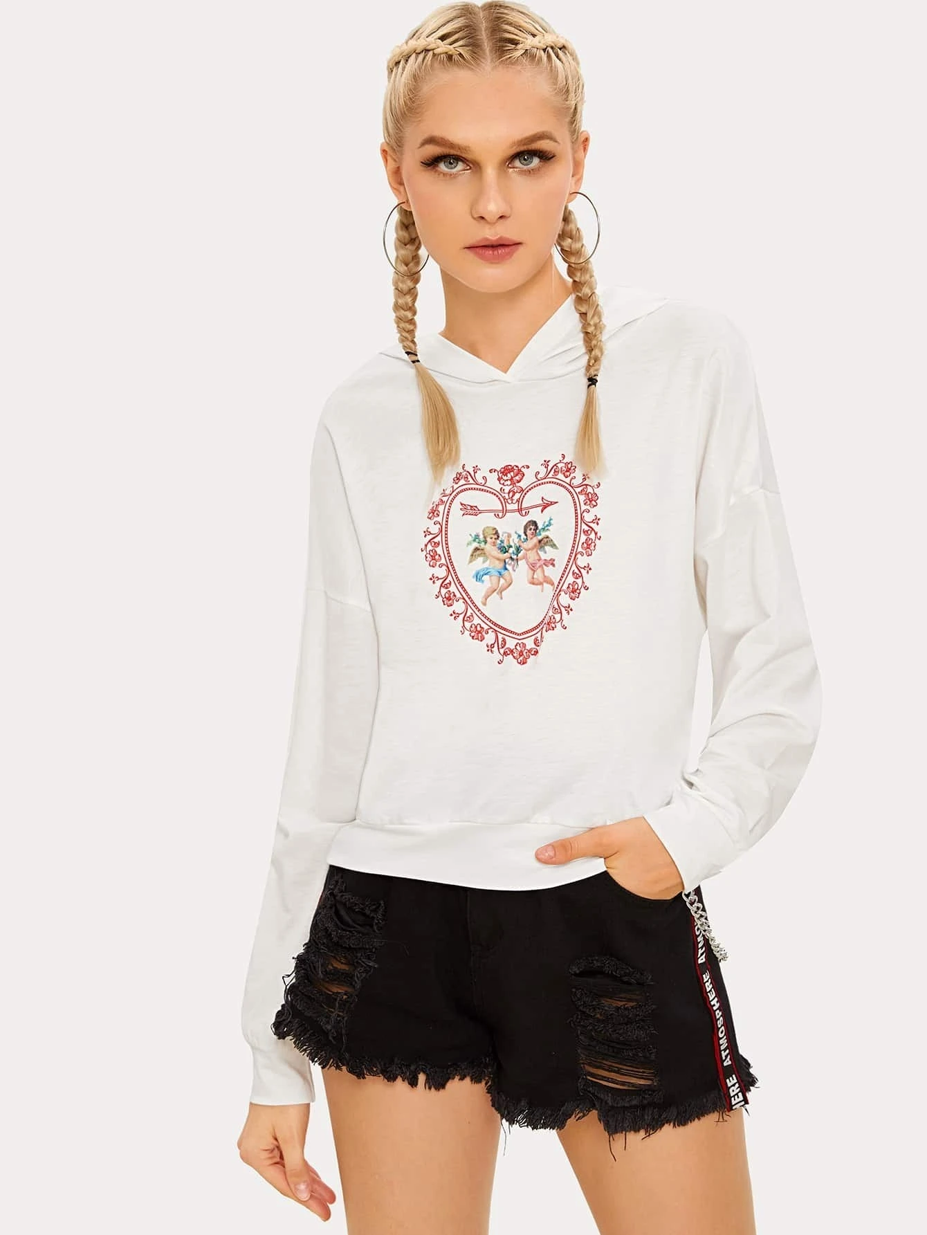 Hoodie mit Engel Muster und sehr tief angesetzter Hoodie mit sehr tief angesetzter Schulterpartie | aktuelle