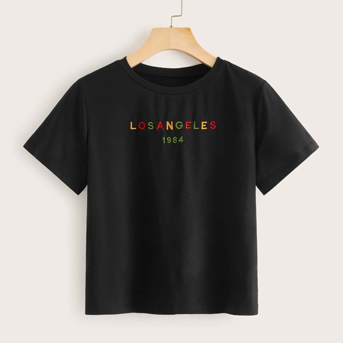 

Letter Embroidery Short Sleeve Tee, Black
