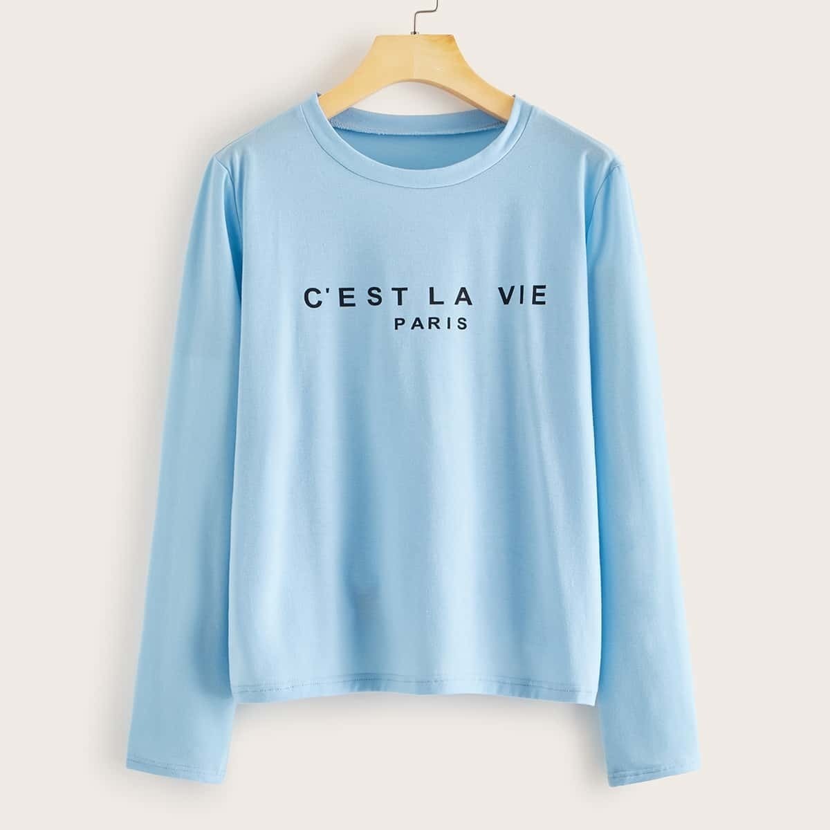 

Letter Print Long Sleeve Tee, Blue pastel