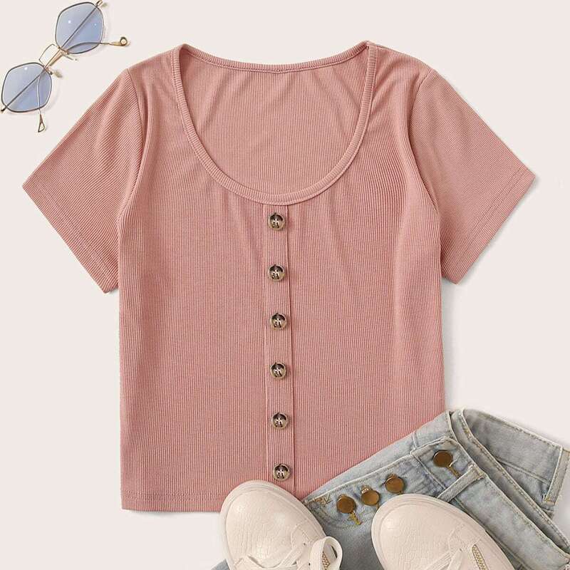 

Solid Button Front Ribbed Tee, Pink