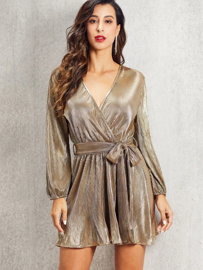 Self Belted Wrap Pleated Metallic Dress - It's Wedding Season!