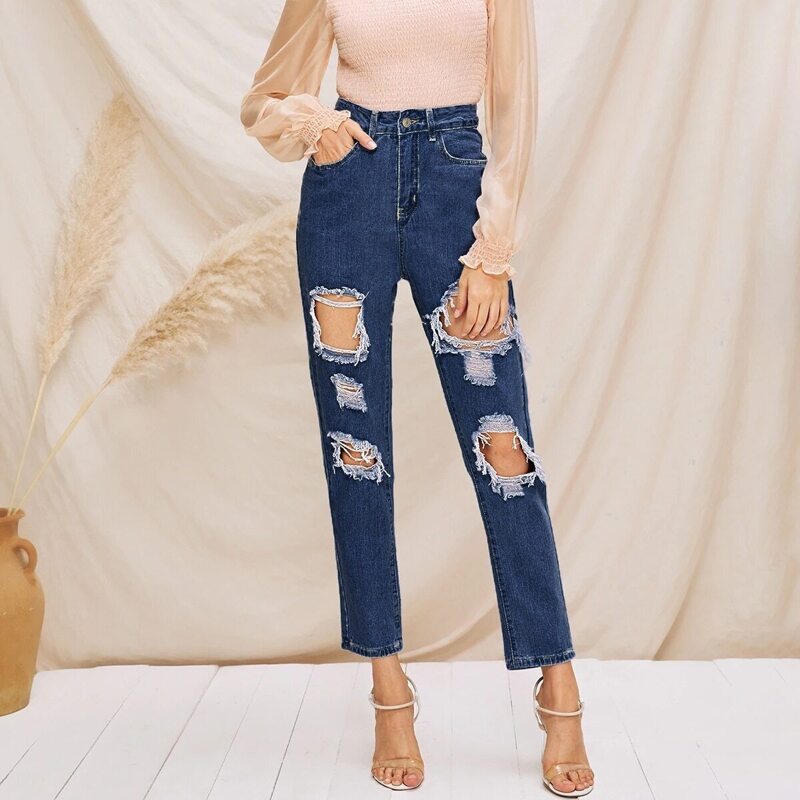 

Destroyed Ripped Detail Jeans, Navy