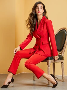 Two-piece Outfits Tombol Plain Merah Anggun - Merah - View 8