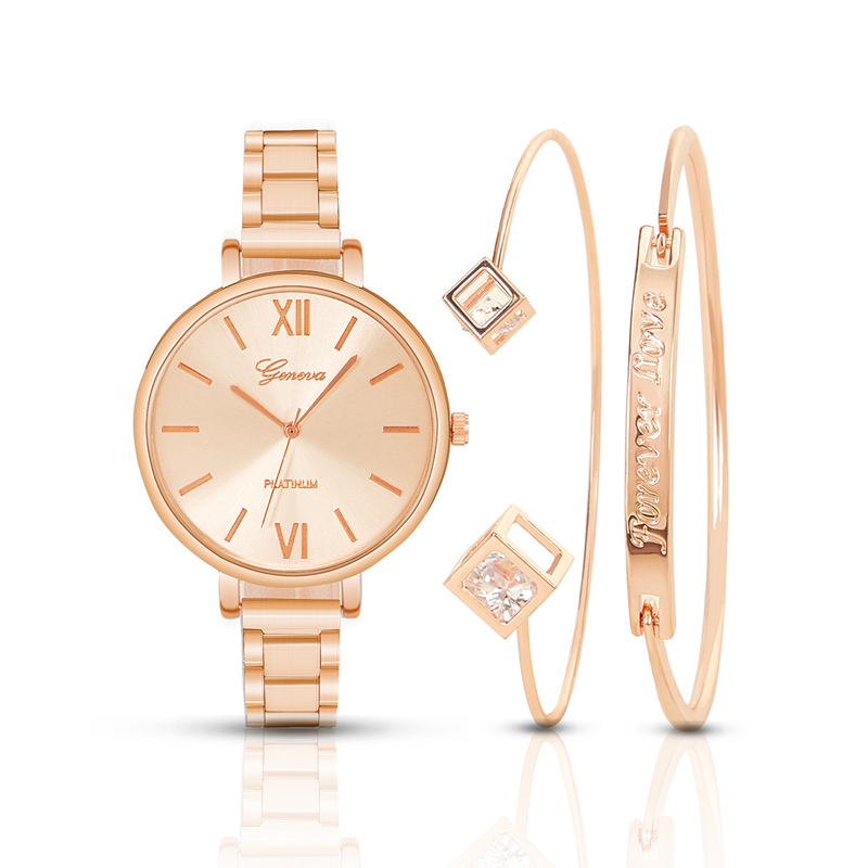 Round Pointer Quartz Watch With 2pcs Bracelet
