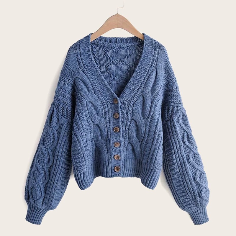 

Solid Bishop Sleeve Cable Knit Cardigan, Blue