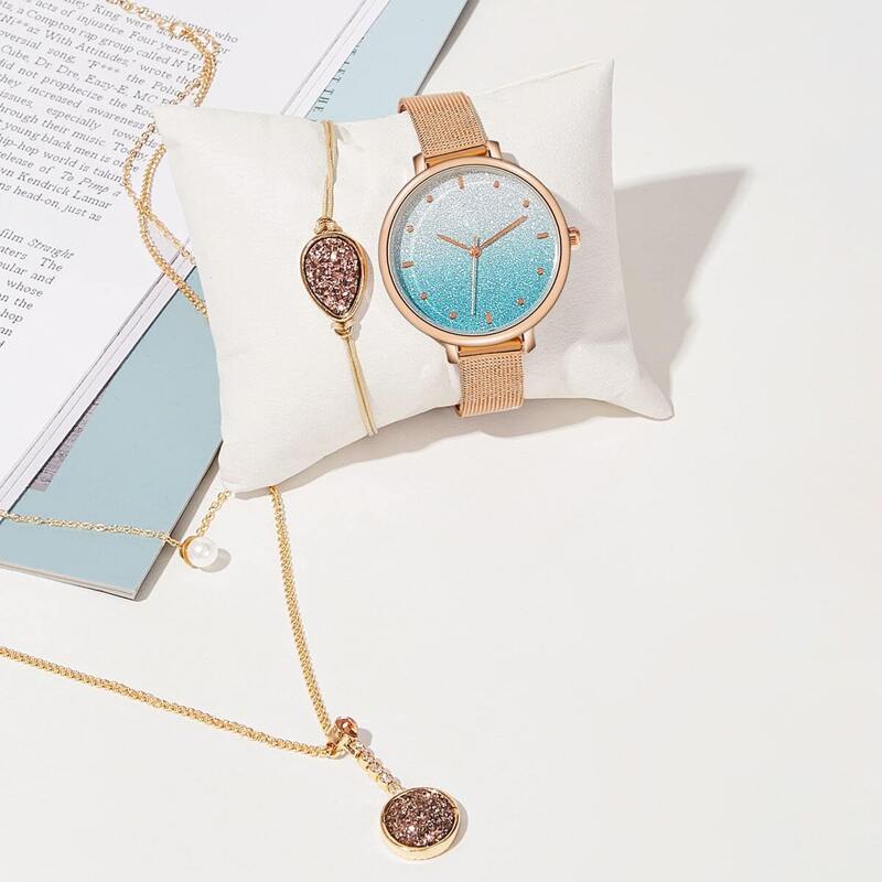 

Round Dial Watch & Necklace & Bracelet Set 3pcs