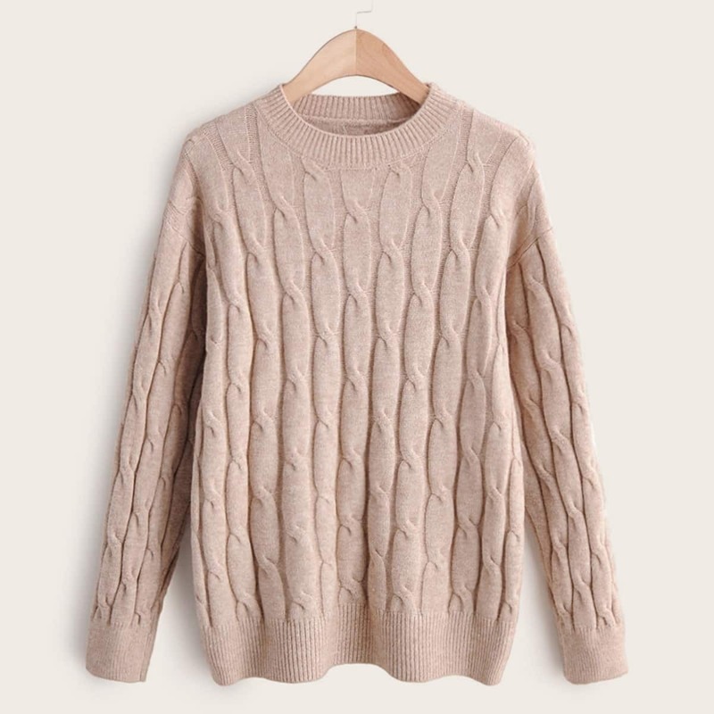 

Solid Cable Knit Round Neck Sweater, Nude