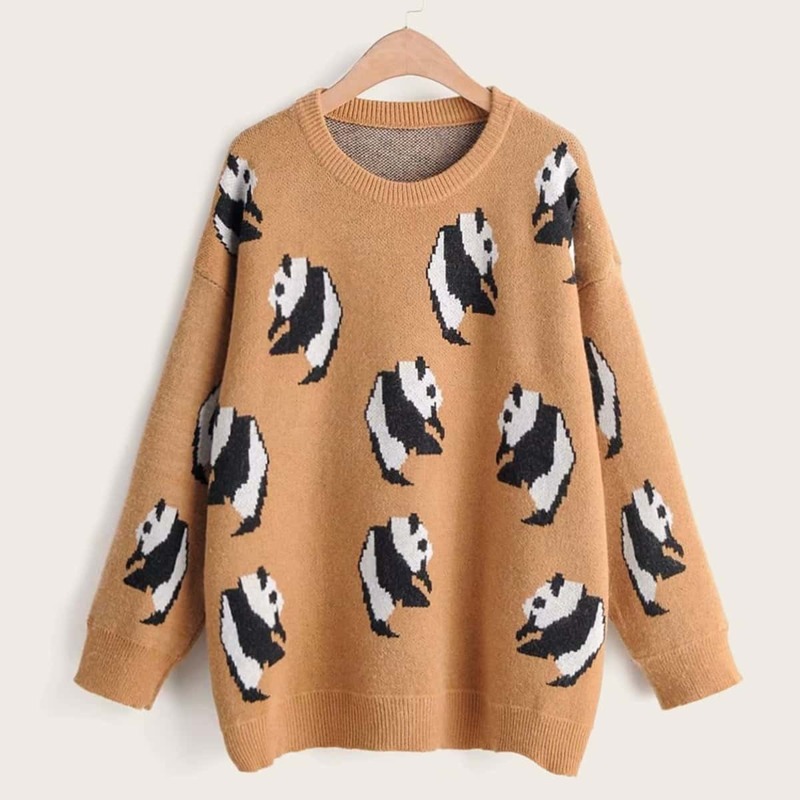 

Panda Print Drop Shoulder Sweater, Camel