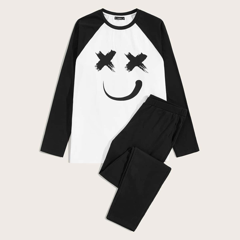

Guys Graphic Print Raglan Sleeve Top & Pants PJ Set, Black and white