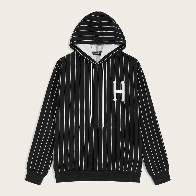 

Guys Embroidery Detail Striped Drawstring Hoodie, Black