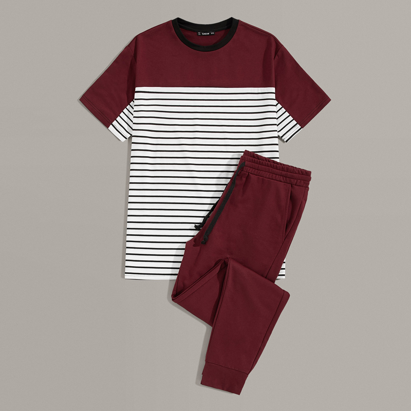 

Guys Contrast Neck Colorblock Striped Top & Pants Set, Multicolor