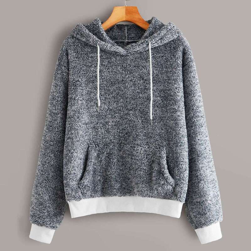 

Kangaroo Pocket Drawstring Teddy Hoodie, Grey