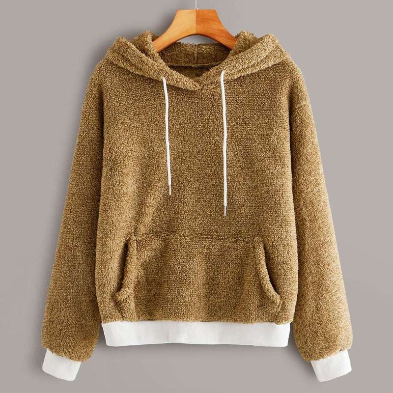 

Shearling Kangaroo Pocket Drawstring Teddy Hoodie, Khaki