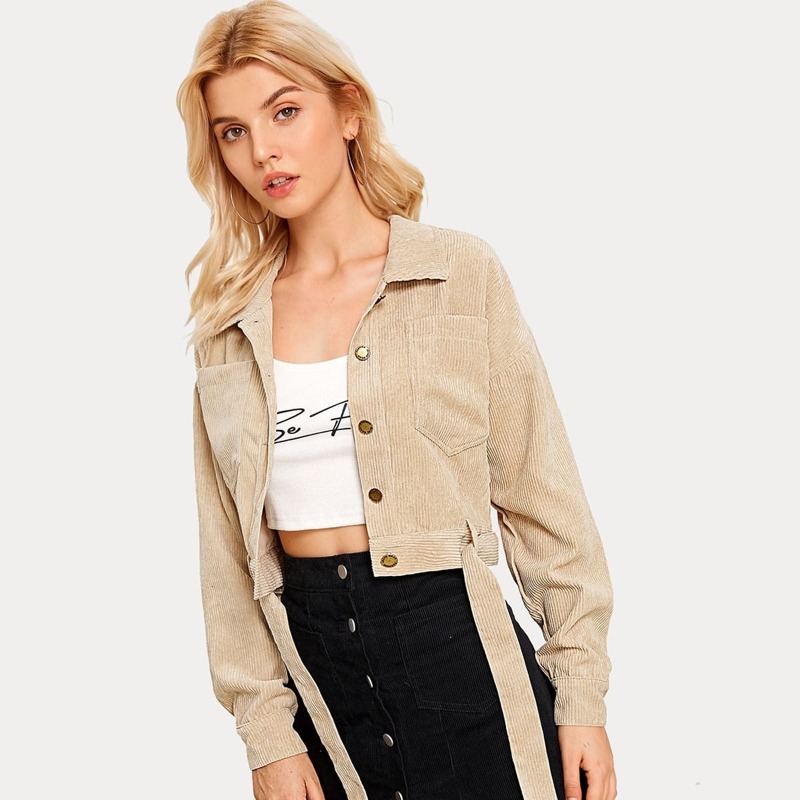 

Solid Single-breasted Belted Corduroy Jacket, Khaki