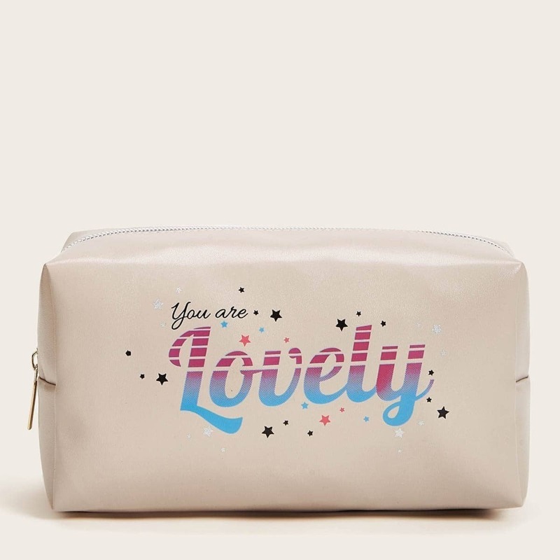 

Letter Print Makeup Bag, Beige