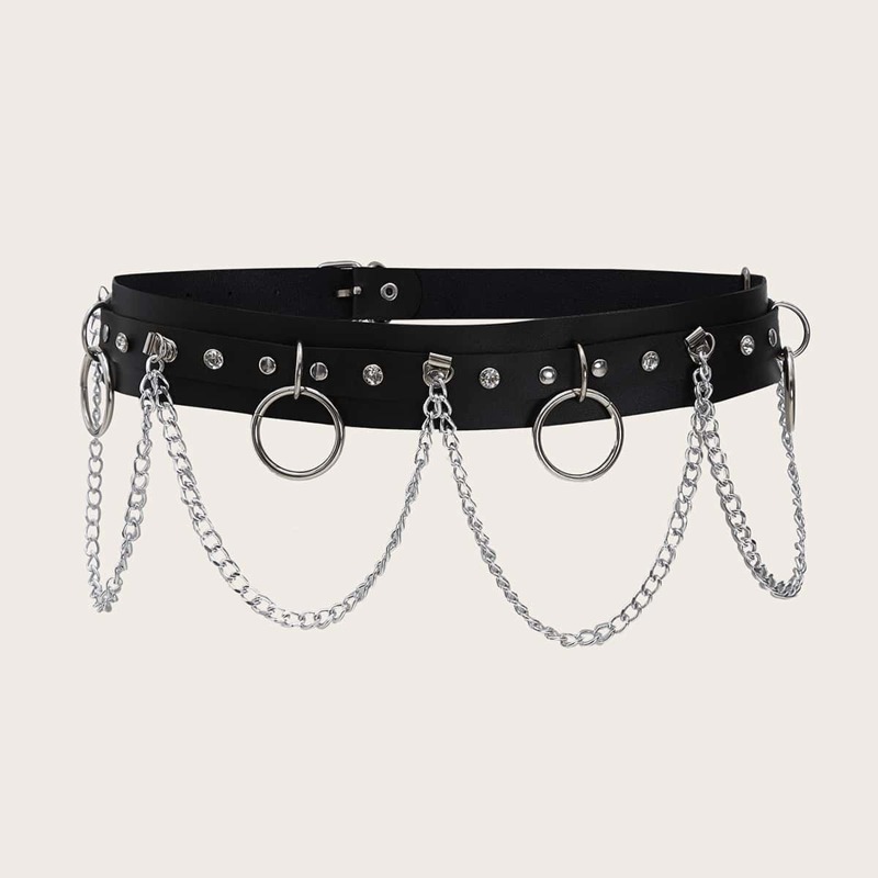 

Ring & Chain Decor Waist Belt, Black