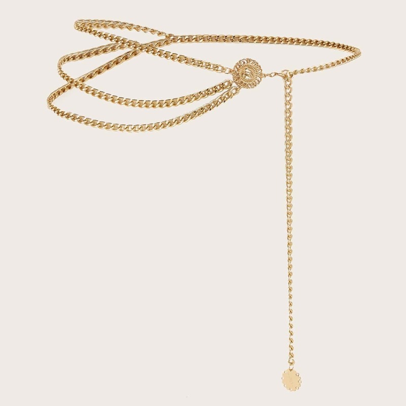 

Hollow Round Flower Decor Asymmetrical Waist Chain, Gold