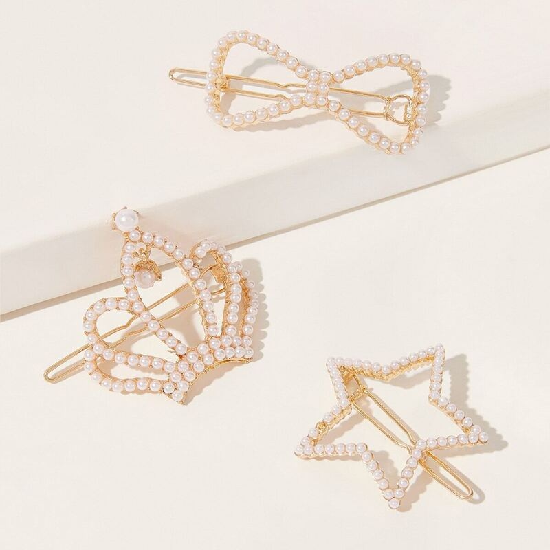

Faux Pearl Bow & Star Decor Hair Clip 3pcs, White