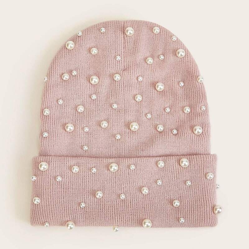 

Faux Pearl Decor Cuffed Beanie, Pink