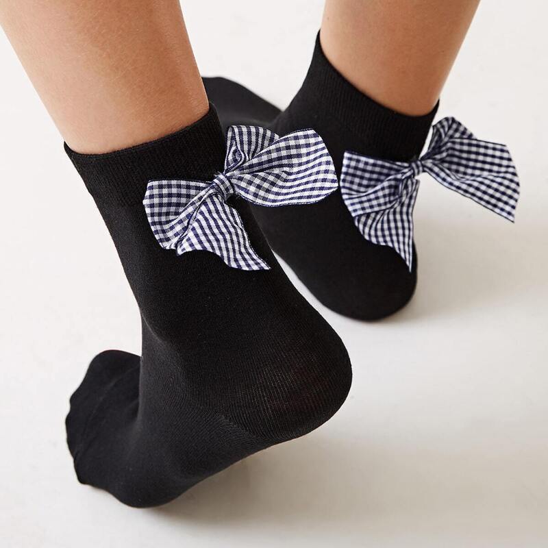 

Gingham Bow Decor Socks 1pair, Black