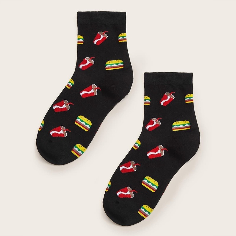 

Cola & Burger Pattern Socks 1pair, Black
