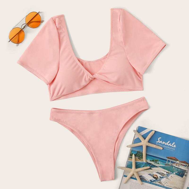 

Twist Front Short Sleeve Bikini Set, Pink