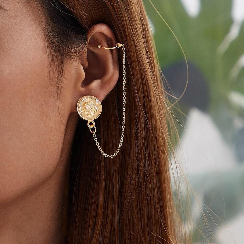 

Coin Decor Chain Ear Clip 1pair, Gold
