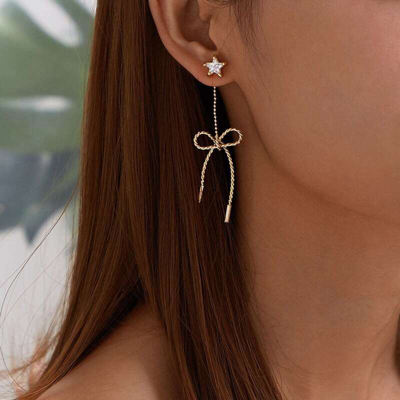 

Star Decor Bow Knot Drop Earrings 1pair, Gold