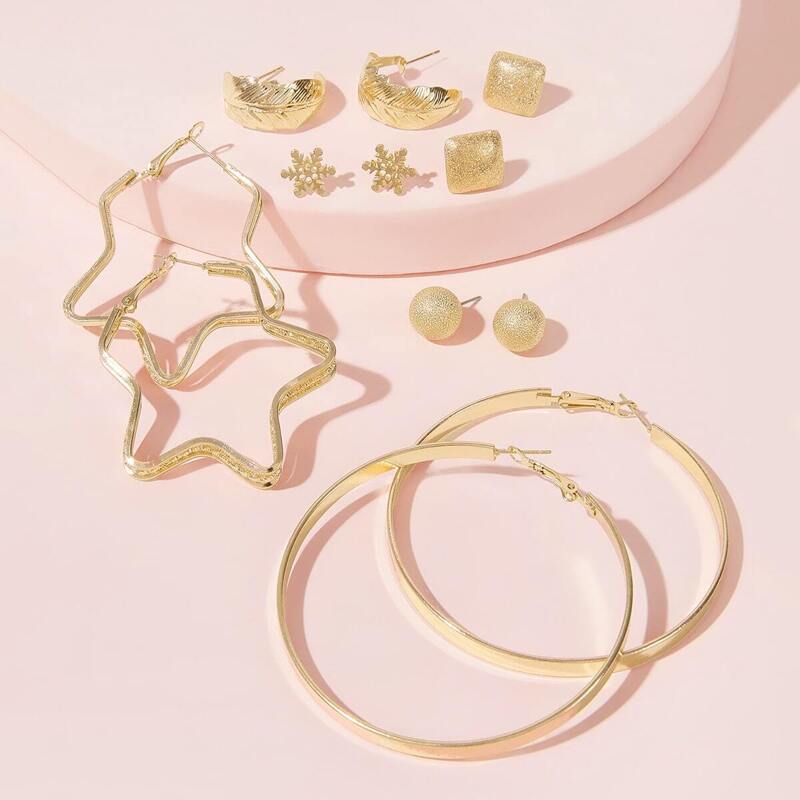 

Leaf & Flower Decor Earrings 6pairs, Gold