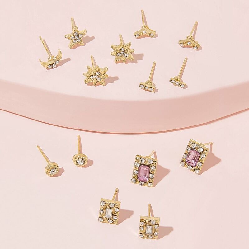 

Rhinestone Engraved Star & Moon Stud Earrings 7pairs, Gold