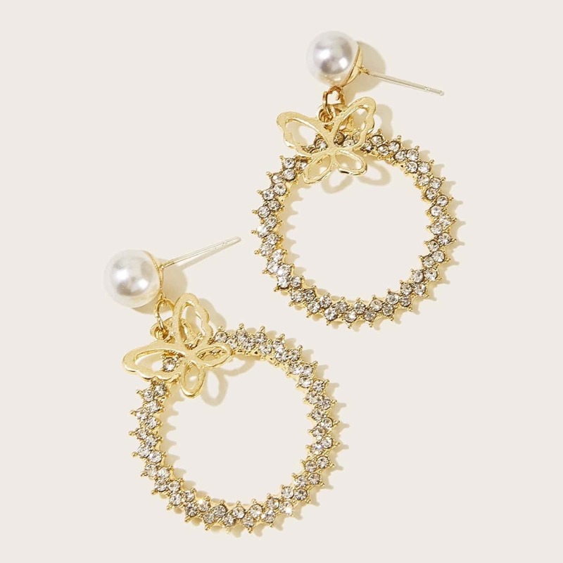 

Butterfly Detail Rhinestone Hoop Earrings 1pair, Gold