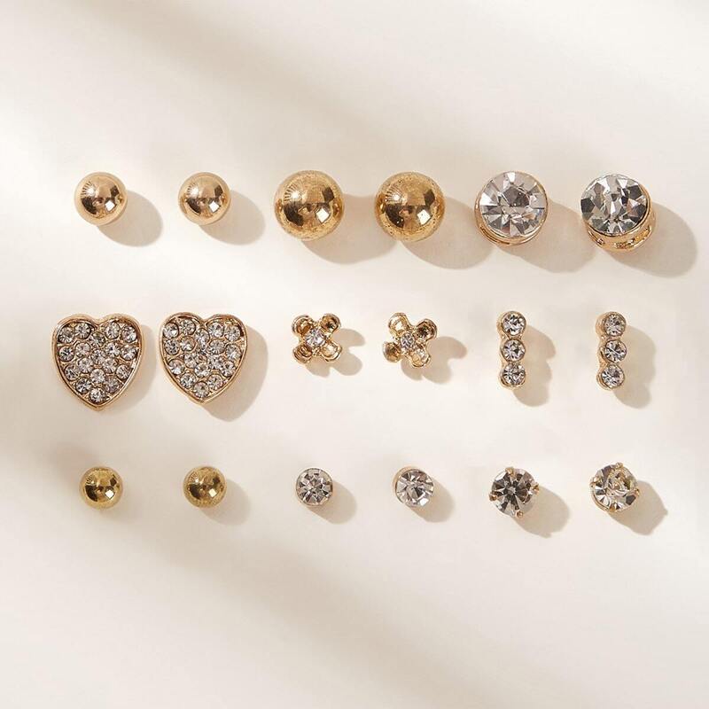 

Rhinestone Engraved Flower & Heart Earrings 9pairs, Gold