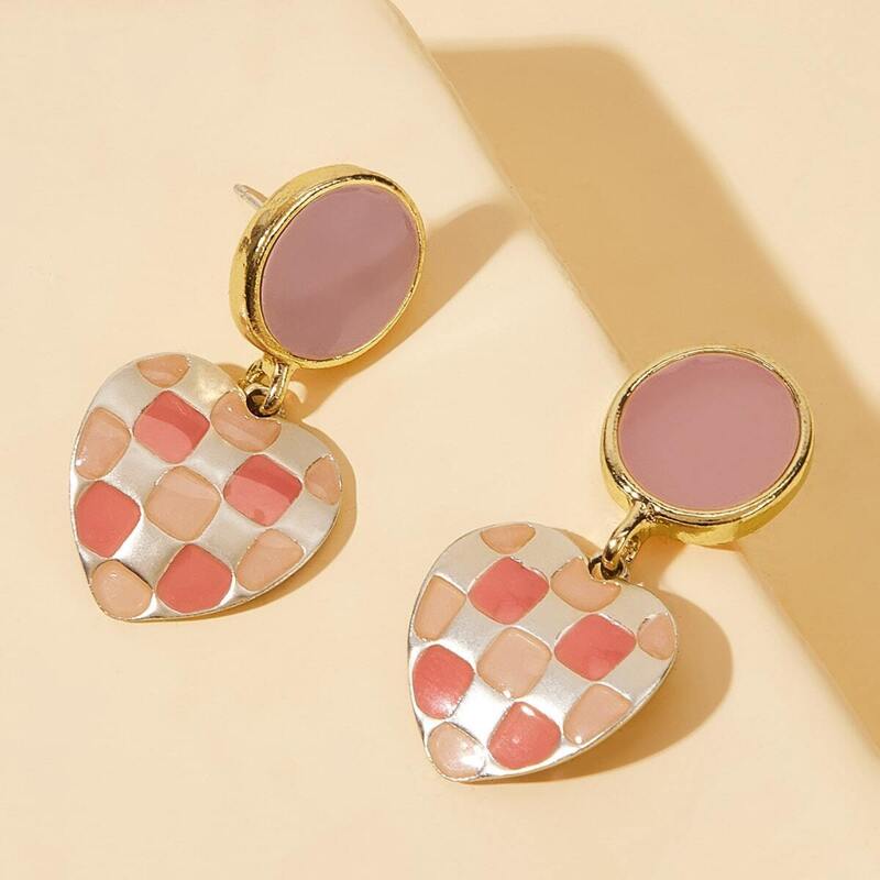 

Plaid Pattern Heart Drop Earrings 1pair, Multicolor