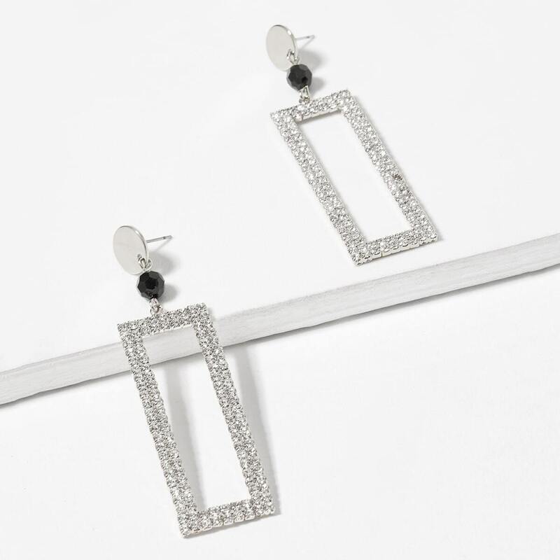 

Rhinestone Open Rectangular Drop Earrings 1pair, Silver