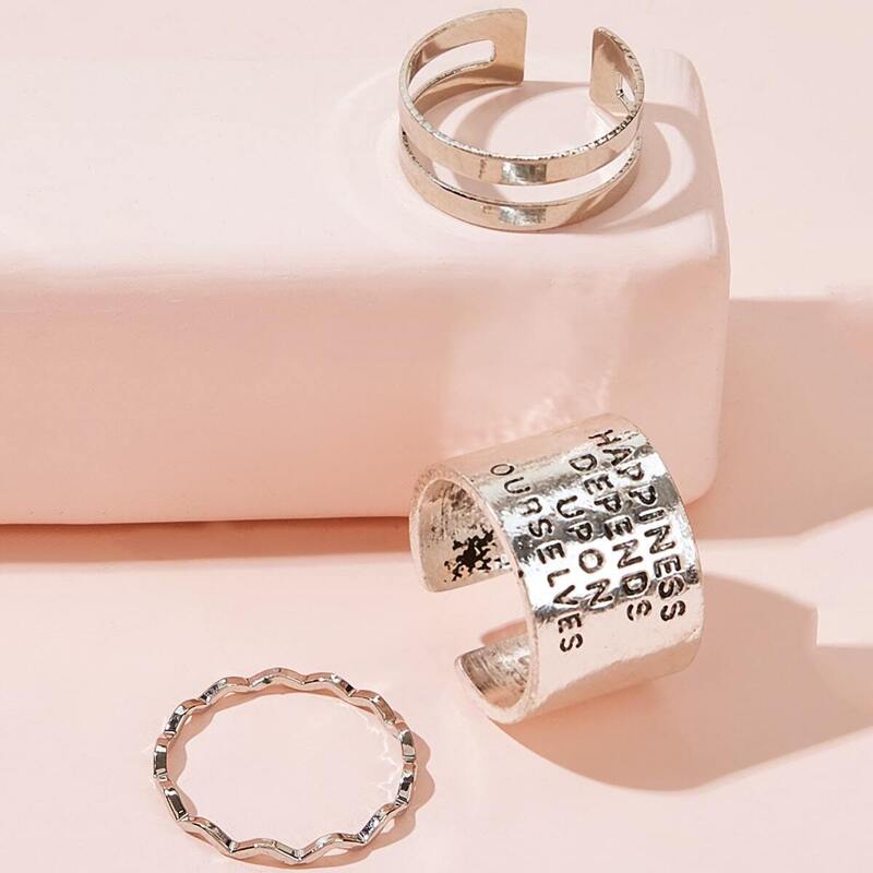 

Letter Engraved Wide Cuff Ring 3pcs, Silver