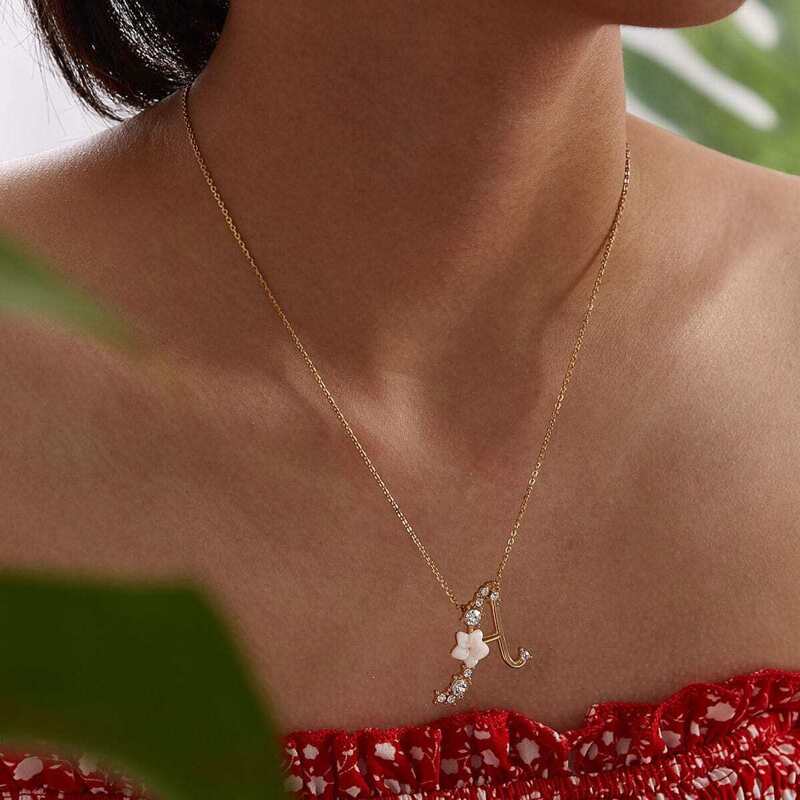 

Flower Decor Rhinestone Engraved Letter Charm Necklace 1pc, Gold