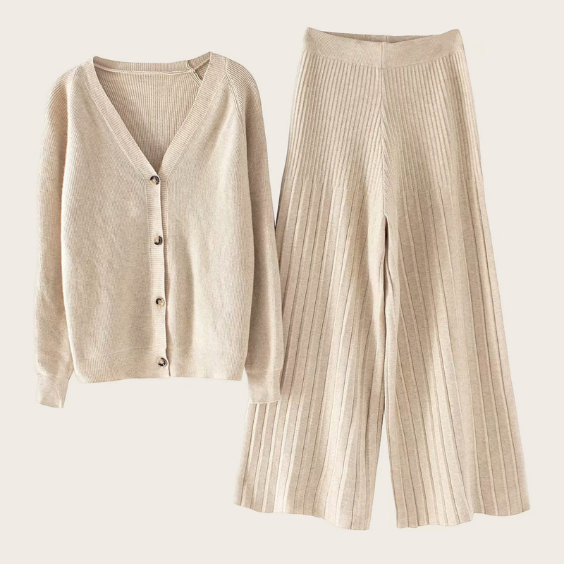 

Solid Raglan Sleeve Cardigan & Wide Leg Pants, Beige