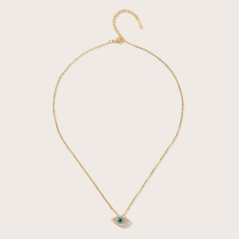 

Rhinestone Engraved Eye Pendant Necklace, Gold