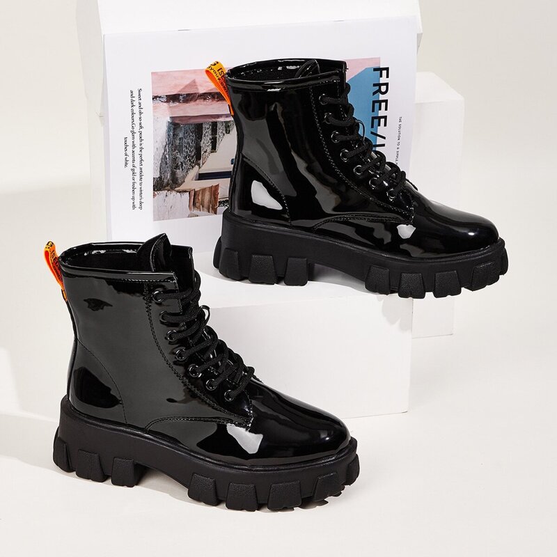 

Lace-up Front Patent Leather Ankle Boots, Black