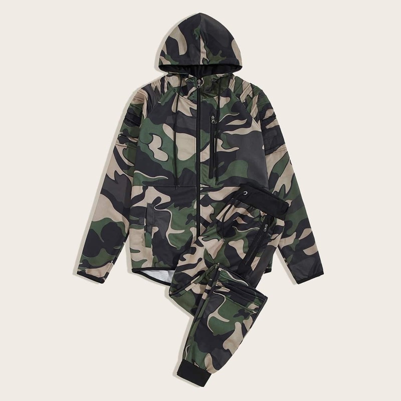 

Guys Camo Contrast Binding High Low Tracksuit, Multicolor
