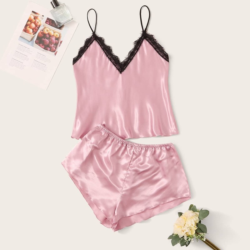 

Contrast Lace Satin Cami PJ Set, Pink pastel