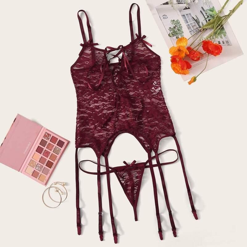 

Floral Lace Lace-up Garter Lingerie Set, Burgundy