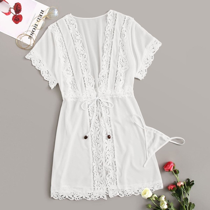 

Flower Crochet Trim Robe With Thong, White