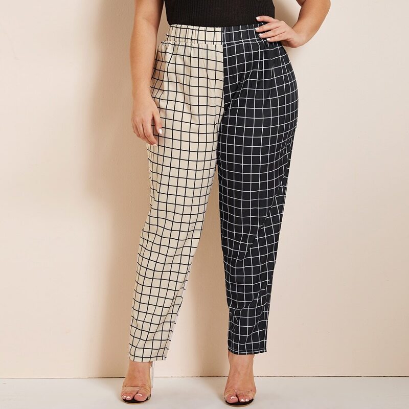 

Plus Grid Print Two Tone Carrot Pants, Black and white