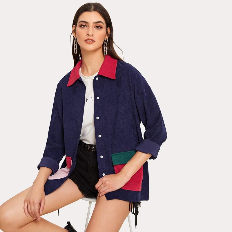 

Single-breasted Pocket Patched Corduroy Coat, Purple