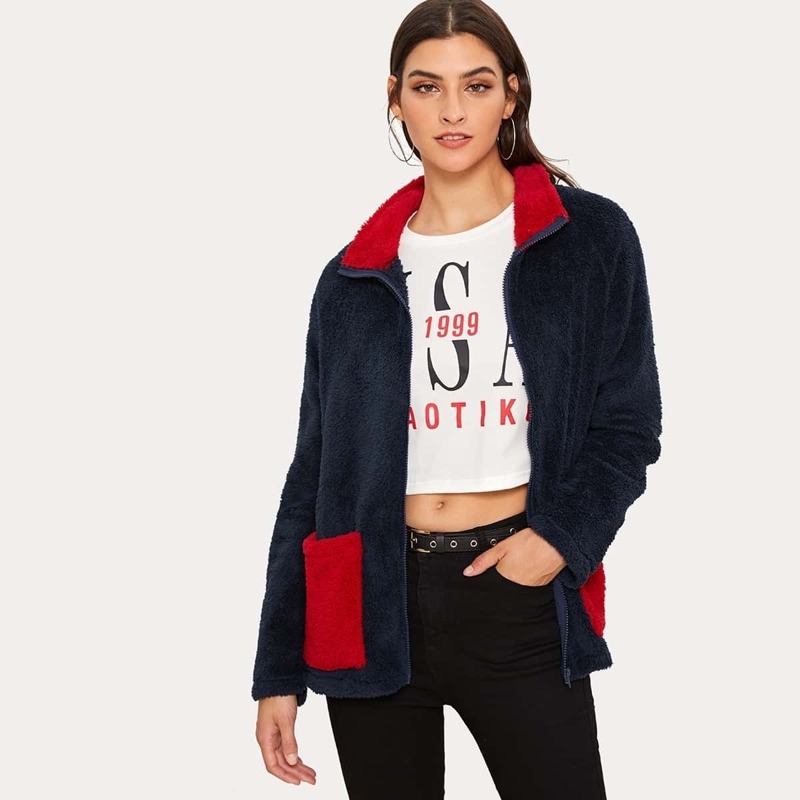 

Dual Pocket Front Zipper Up Teddy Coat, Navy