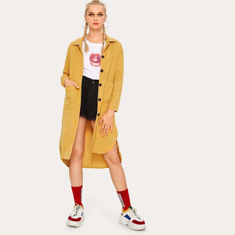 

Corduroy Slit Side Button Through Coat, Yellow